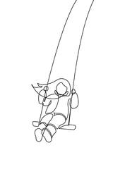 Keuken foto achterwand Een lijn Child on a swing in continuous line art drawing style. Black linear sketch isolated on white background. Vector illustration
