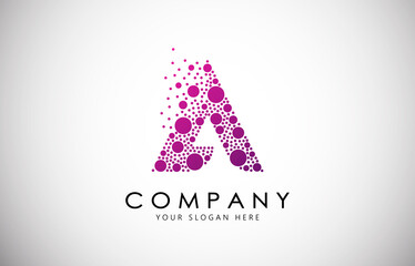 A Letter Logo with Dispersion Effect and Dots, Bubbles, Circles. A Dotted letter in purple gradient vector illustration.

