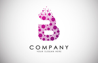 B Letter Logo with Dispersion Effect and Dots, Bubbles, Circles. B Dotted letter in purple gradient vector illustration.
