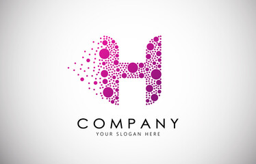 H Letter Logo with Dispersion Effect and Dots, Bubbles, Circles. H Dotted letter in purple gradient vector illustration.
