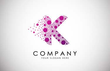 K Letter Logo with Dispersion Effect and Dots, Bubbles, Circles. K Dotted letter in purple gradient vector illustration.
