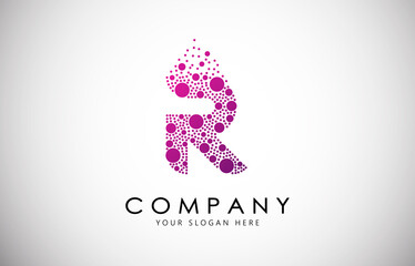 R Letter Logo with Dispersion Effect and Dots, Bubbles, Circles. R Dotted letter in purple gradient vector illustration.
