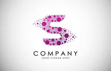 S Letter Logo with Dispersion Effect and Dots, Bubbles, Circles. S Dotted letter in purple gradient vector illustration.
