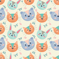 Scandinavian seamless pattern with cute animals rabbits, cats and a bear on a light background with lines. Vector illustration of Scandinavian animals for childrens room decoration