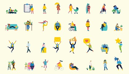 Set of people, men and women with different signs - book, work on laptop, search with magnifier, communicate.