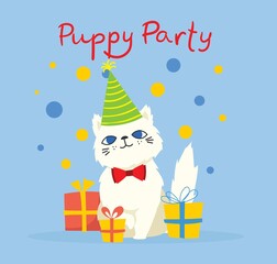 Puppy party background. Cute greeting card with presents and puppy