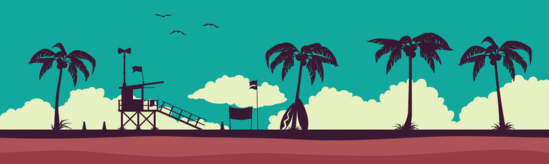 Lifeguard station on a beach. Vector illustration with tropical landscape. Vector illustration EPS 10.