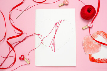 step 5 DIY red thread card on white cardboard, concept of valentine's day, mother's day