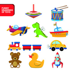 Vector image. Collection of drawings of toys for children. Transport toys. A rocket, drum a car, an airplane, a train and a toy boat.