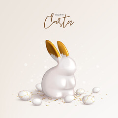 Naklejka na ściany i meble Happy Easter holiday card template. Festive background with porcelain bunny with gold ears, white eggs and golden confetti. Vector illustration with 3d decorative object. Greeting card.