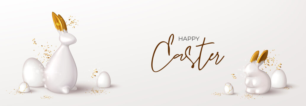 Happy Easter horizontal banner template. Festive background with porcelain rabbit and bunny with gold ears, white eggs, golden confetti. Vector illustration with 3d decorative object. Greeting card.