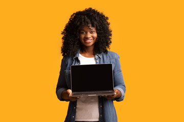 Fototapeta na wymiar Cheerful beautiful black woman using laptop with empty screen