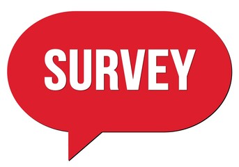 SURVEY text written in a red speech bubble