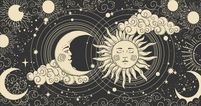 Vintage cartoon background for astrology, tarot, magic and esotericism. Smooth 4K video rendering. Animation of a crescent moon and sun with a face on a heavenly background