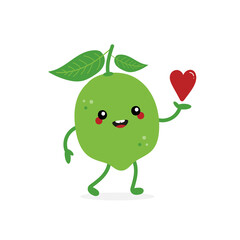 Cute cartoon style citrus green lime character holding in hand red heart. Love, appreciation and support concept.
