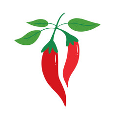 Red chili peppers hanging on branch with leaves vector cartoon style illustration, icons.
