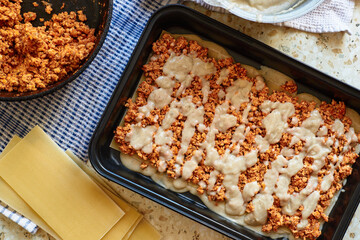 Recipe for homemade lasagna with tomato sauce and meat. Phased recipe.