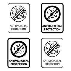 Badges for material with antimicrobial and antiviral protection. Antibacterial protection resistant to microorganisms product. Antimicrobial coating defense information sign. Protect covering