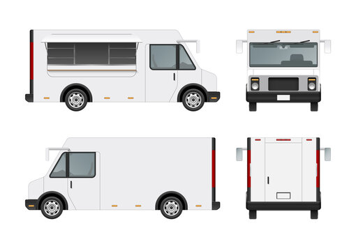 White food truck vector mock up template. Detailed realistic modern delivery service vehicle isolated on white background. Front, side, rear view. Can be used for branding, logo placement, advertising