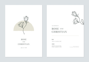 Minimal floral wedding invitation card template design, vintage magnolia line art ink drawing on white - 404839942