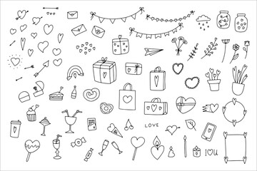 Doodle Valentine's Day set. Hand drawn love symbol isolated on white background. Cute gifts, flowers, jars, flags, letter, sweets with hearts. Feelings signs collection. Vector festive illustration