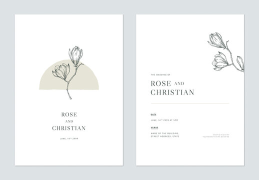 Minimal floral wedding invitation card template design, vintage magnolia line art ink drawing on white