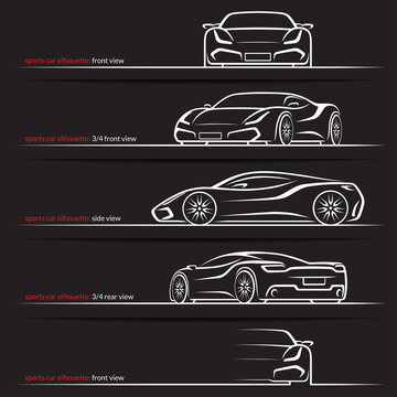 Modern super car, sports car vector silhouettes, outlines, contours isolated on black background. Front, rear and side views.