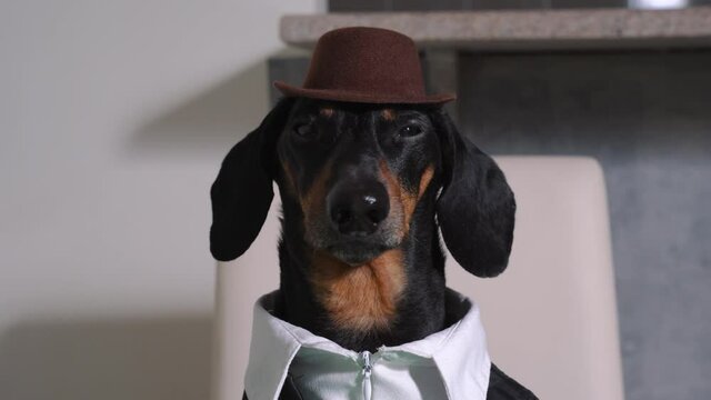 Dachshund dog with serious look in shirt, jacket and wide brimmed hat sits and sternly looks at interlocutor like real mafia gangster, front view.