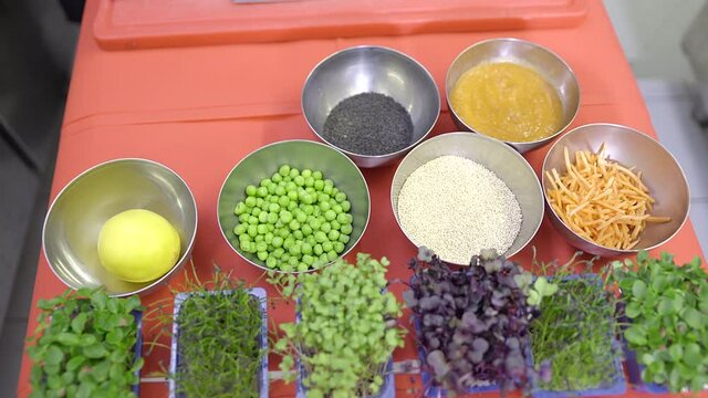 Several ingredients on a table seen from an above view
