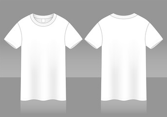 Blank White Short Sleeve T-Shirt Template on Gray Background. Front and Back Views, Vector File