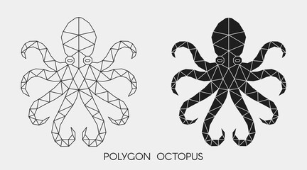 Abstract polygonal geometric octopus. Template for tattoo. Outline and silhouette sea animal. Vector.
