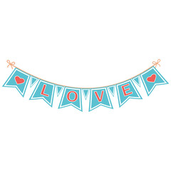 Obraz premium colorful holiday garland with flags and letters with the text love, color vector isolated illustration on a white background, decor, design, banner design, greeting cards