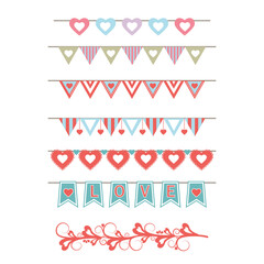 Fototapeta na wymiar Set of holiday paraphernalia, vintage garlands, paper flags and hearts, for decorating greeting cards and scrapbooking, banner design, banner, inscription