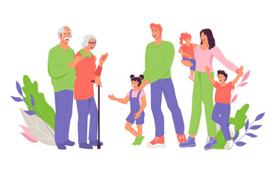 Grandparents, parents and children hugging and smiling at decorative floral backdrop, flat vector illustration isolated on white background. A joint portrait of three generations of big happy family.