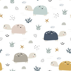 Turtle seamless pattern Cute cartoon animal background Hand drawn design in kid style, use for fabric, textile, print, wallpaper. Vector illustration