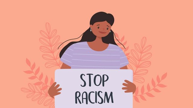 No justice for blacks. A woman takes part in a skin problem demonstration with a cardboard stop racism outdoor. Animated vector illustration, footage
