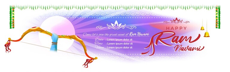 Vector illustration concept of Spring Hindu festival, Shree Ram Navami(Hindi text),written text means Shree Ram Navami, Lord Rama with bow and arrow greeting, poster, banner, flyer 
