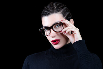 Fototapeta na wymiar Stylish woman with trendy glasses and perfect makeup. vision correction, optometry and fashion eye wear