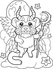 cute magic dog is flying above the clouds, coloring book