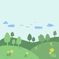 Spring background with green lawns, yellow flowers, trees, birds and clouds. Place for text.