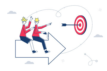 Goals planning and strategy business concept, Vision of young business man and woman look forward and go ahead to goals. cartoon character, Vector illustration for graphic design or background