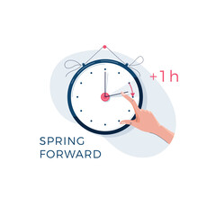 Daylight saving time concept. Human hand is turning the clock hands forward by an hour. Changing the time on the watch to summertime for web, banner, emailing design. Modern flat vector illustration