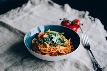 Pasta with asparagus, tomato and lemony creamy sauce