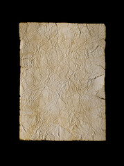 Brown paper blank texture crumpled dark border. Isolated on  black background.