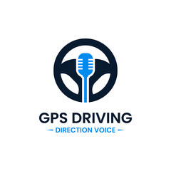 Voice gps drive point logo design template. Steering wheel, gps map location and voice icon vector combination. Creative driving training symbol concept.