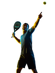 one caucasian mature man Paddle Padel tennis player shadow silhouette in studio isolated on white background - 404850336