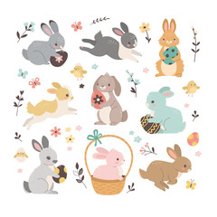 Easter rabbits collection. Vector illustration of cute cartoon multi colored bunnies in different poses and actions: sitting, jumping laying, holding the egg. Isolated on white