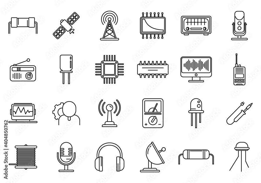 Poster radio engineer tool icons set. outline set of radio engineer tool vector icons for web design isolat