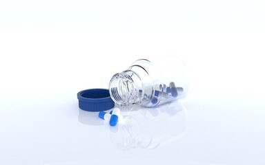 open medication glass bottle with reflection and capsules in front  - 3D illustration - copy space