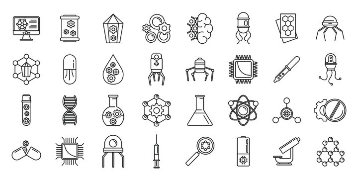 Nanotechnology science icons set. Outline set of nanotechnology science vector icons for web design isolated on white background